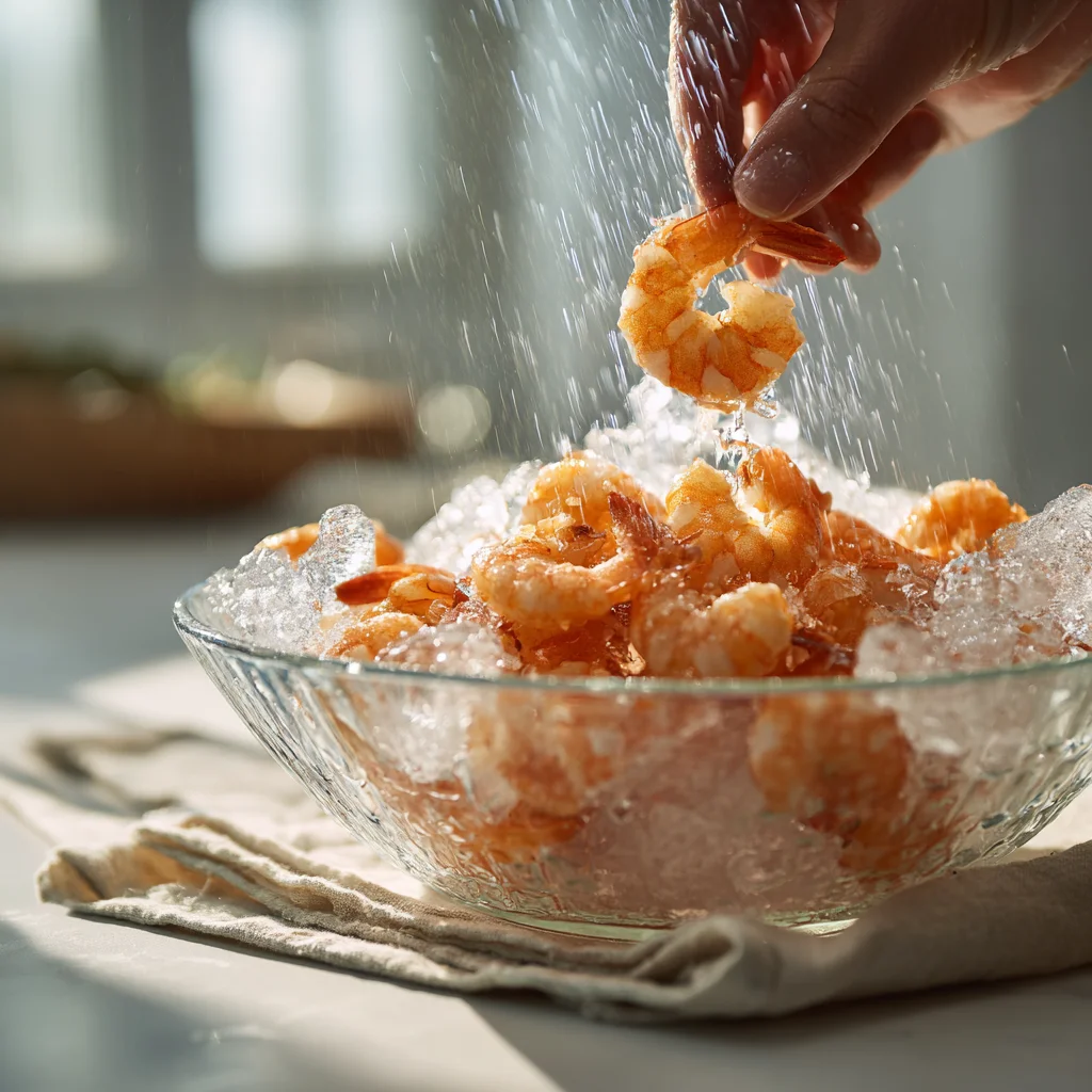 Shrimp cooling in ice bath for tender shrimp cocktail