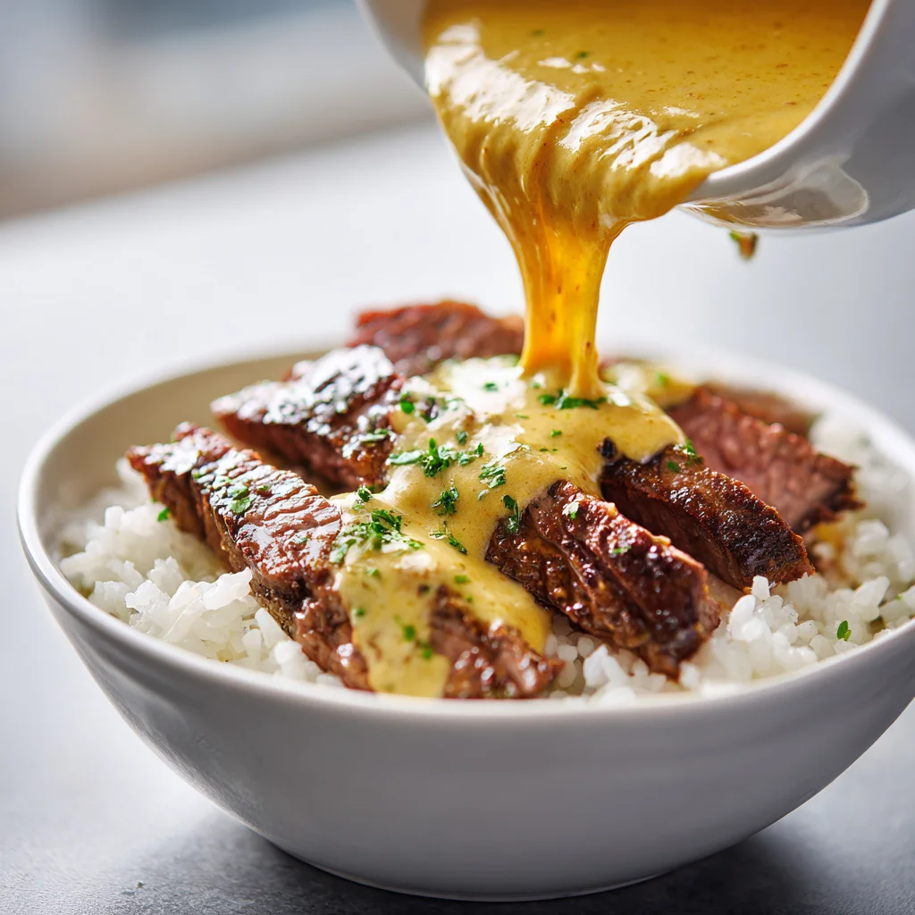 Steak queso rice comfort food bowl with creamy rice and queso