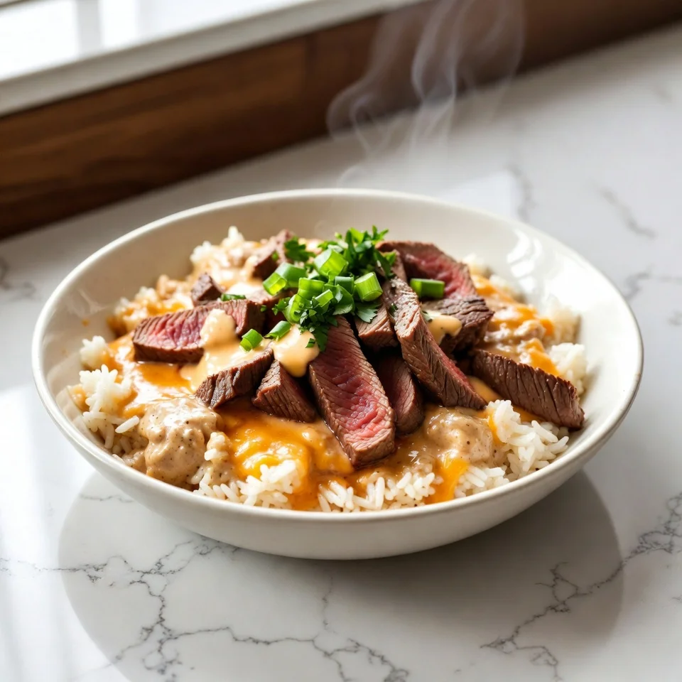 Steak queso rice comfort food bowl with creamy rice and queso