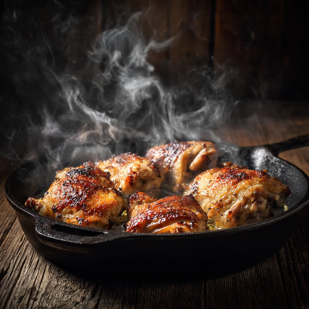 Chicken cooking in skillet for sticky chicken rice bowls