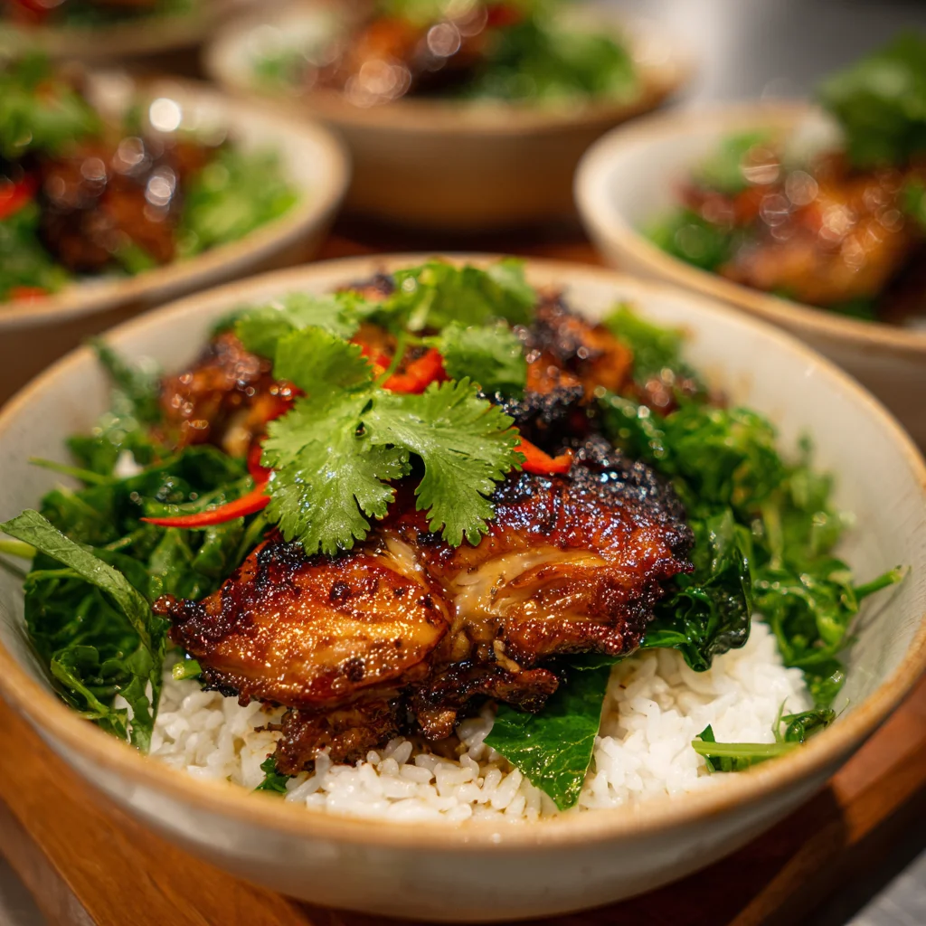 Sticky chicken rice bowls served with rice and sesame garnish