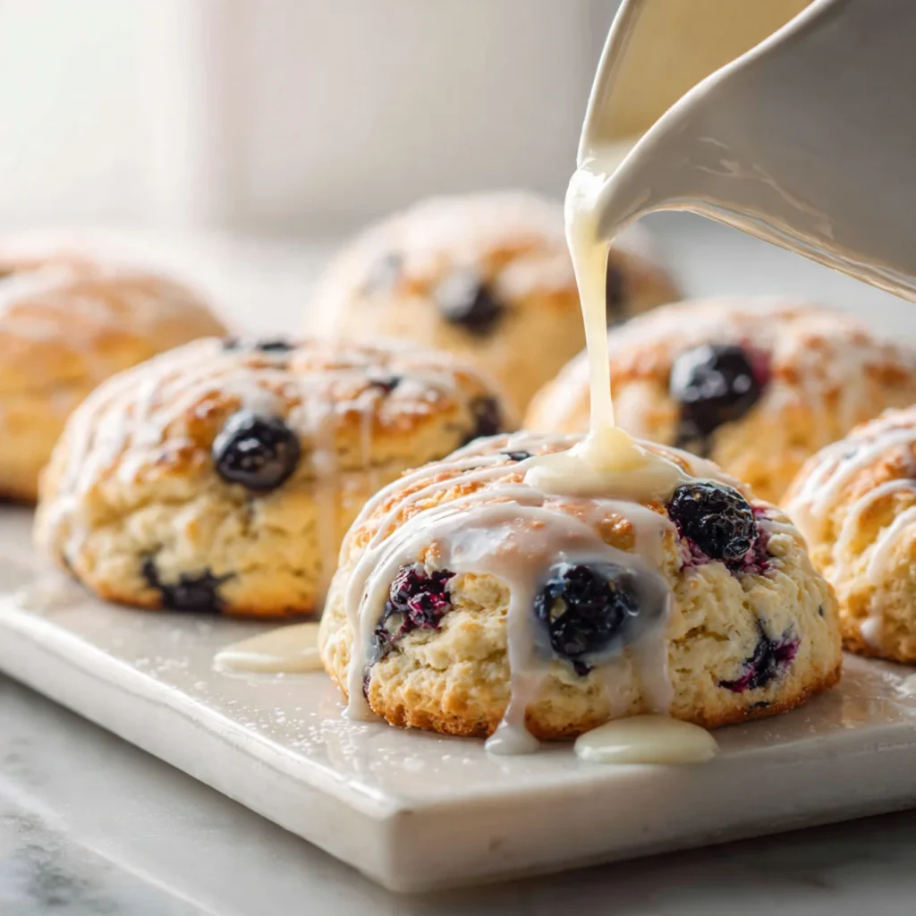 Freshly baked sweet blueberry biscuits with sugar glaze
