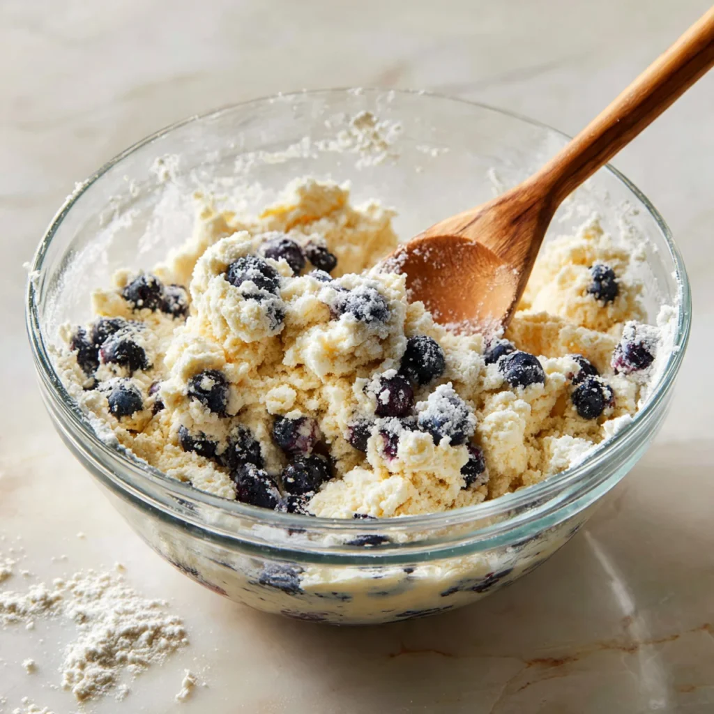 Blueberries folded into biscuit dough in glass bowl