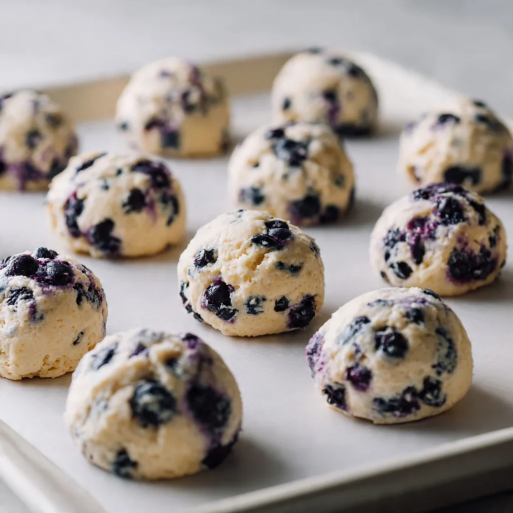 Blueberry biscuit dough rounds placed on baking tray