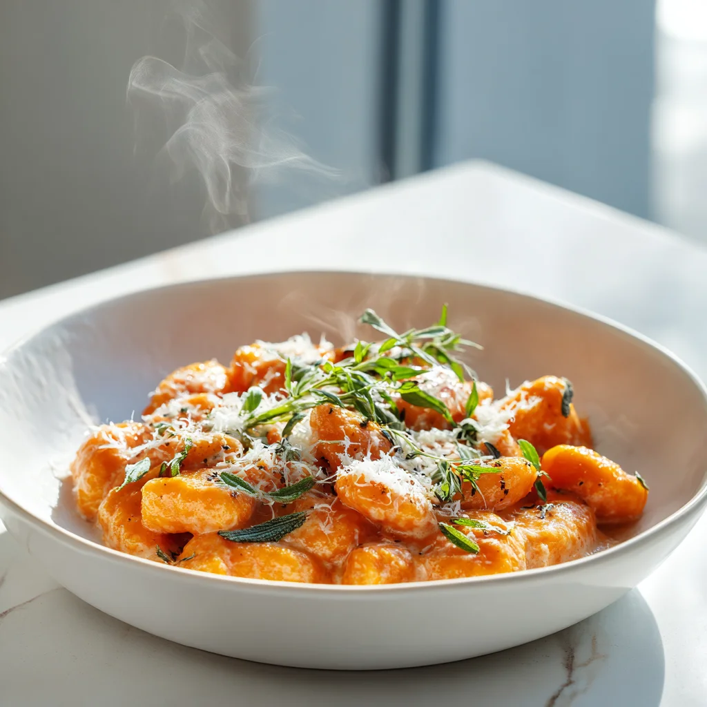 Sweet Potato Gnocchi Recipe Sauces – Soft, Pillowy & Perfect for Weeknight Meals 6 Sweet potato gnocchi with creamy sauce served in white bowl