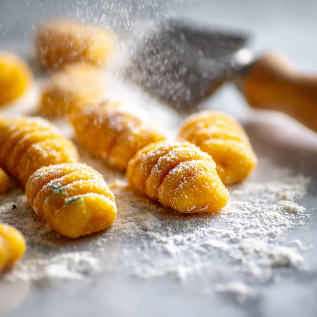Sweet Potato Gnocchi Recipe Sauces – Soft, Pillowy & Perfect for Weeknight Meals 4 Shaping sweet potato gnocchi pieces on quartz surface