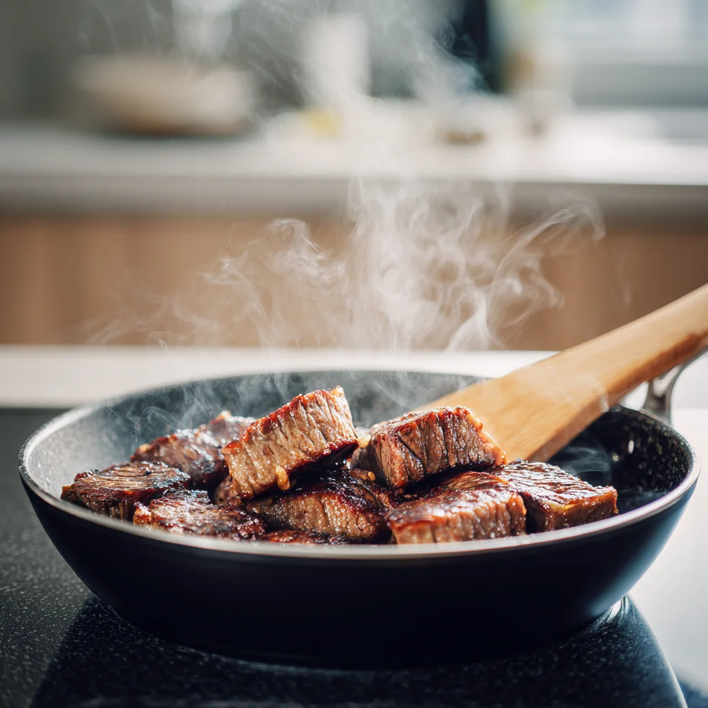 The Best Mongolian Beef Recipe, Better Than Takeout & Full of Bold Flavor 5 Tender beef searing in skillet for Pf Changs copycat Mongolian beef