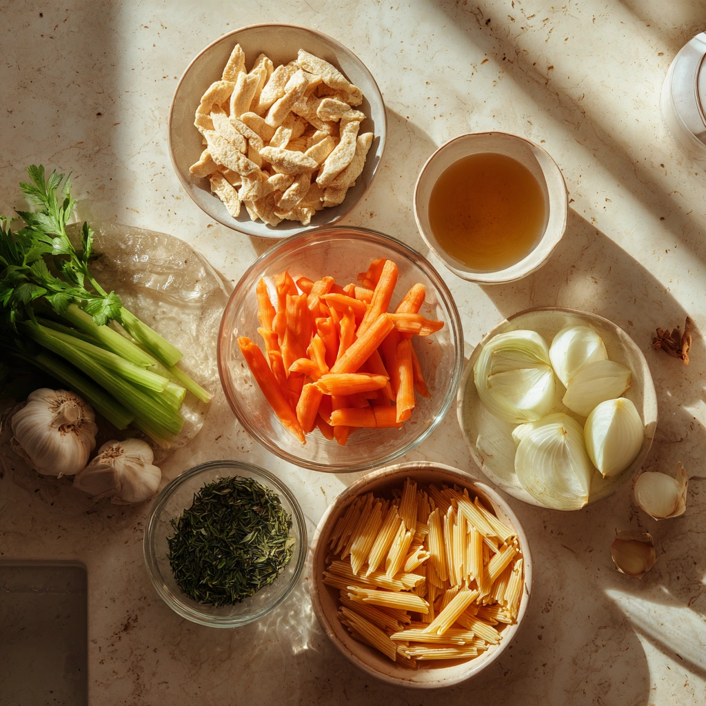 Vegan Chicken Noodle Soup 3 ingredients of Vegan Chicken Noodle Soup recipe