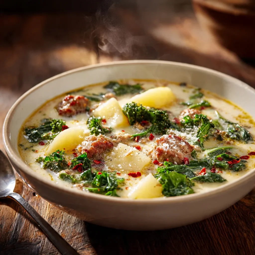 Zuppa Toscana Soup Olive Garden copycat served hot with parmesan garnish