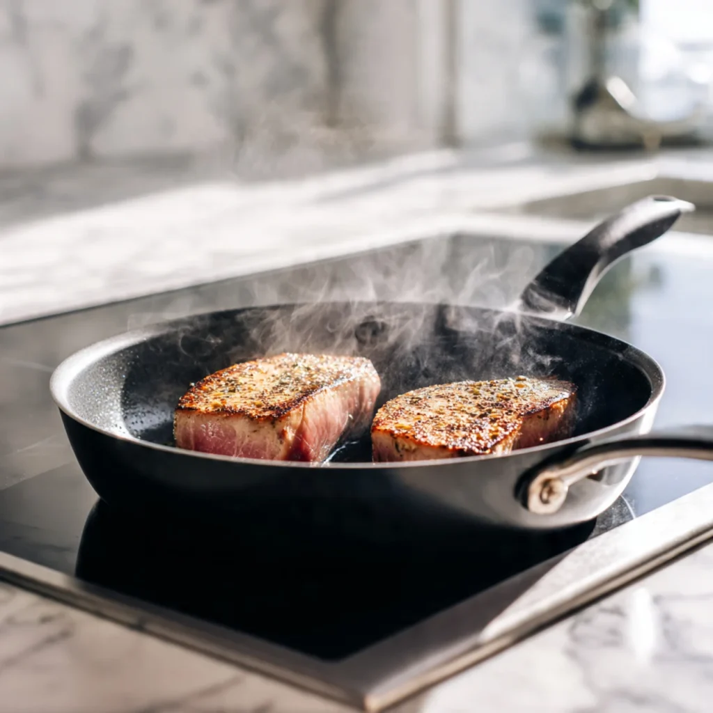 Seared Ahi Tuna Recipe Dipping Sauces Restaurant-Style & Ready in Minutes 4 Seared ahi tuna cooking in skillet with golden crust