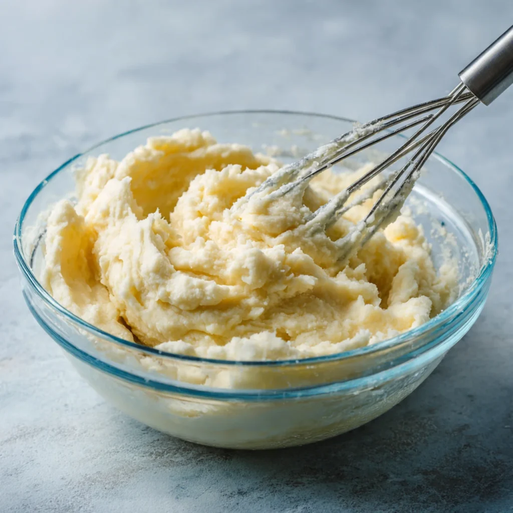Creamy mashed potatoes being prepared for lentil stew