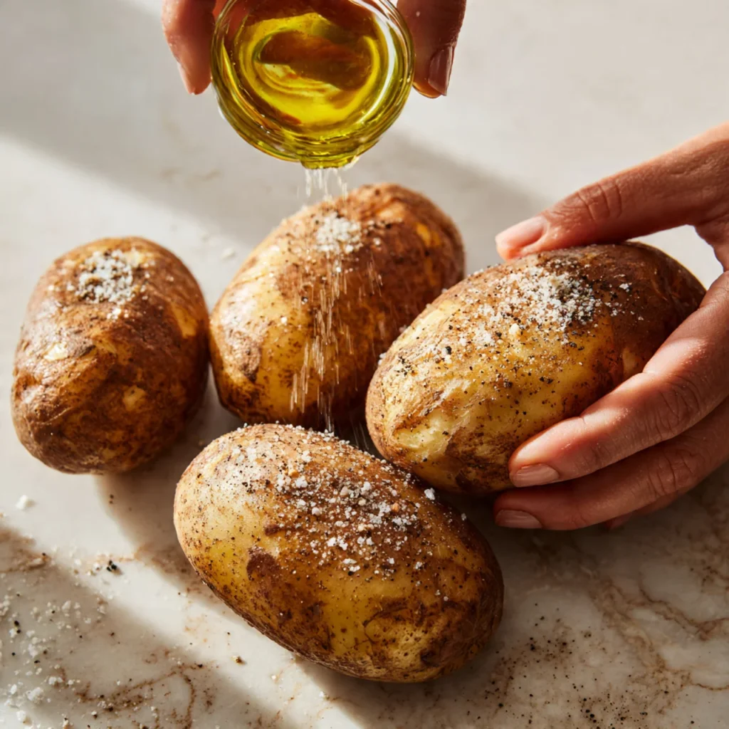 Air Fryer Baked Potato with Crispy Skin and Fluffy Center Every Time 3 Seasoning russet potatoes with oil and salt before air frying