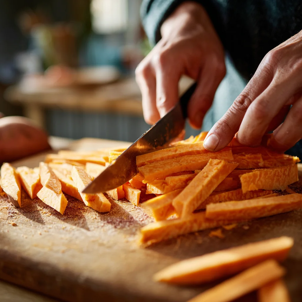 Air Fryer Sweet Potato Fries Crispy Outside, Soft Inside & So Easy 2 Cutting sweet potatoes into thin strips for homemade air fryer sweet potato fries.