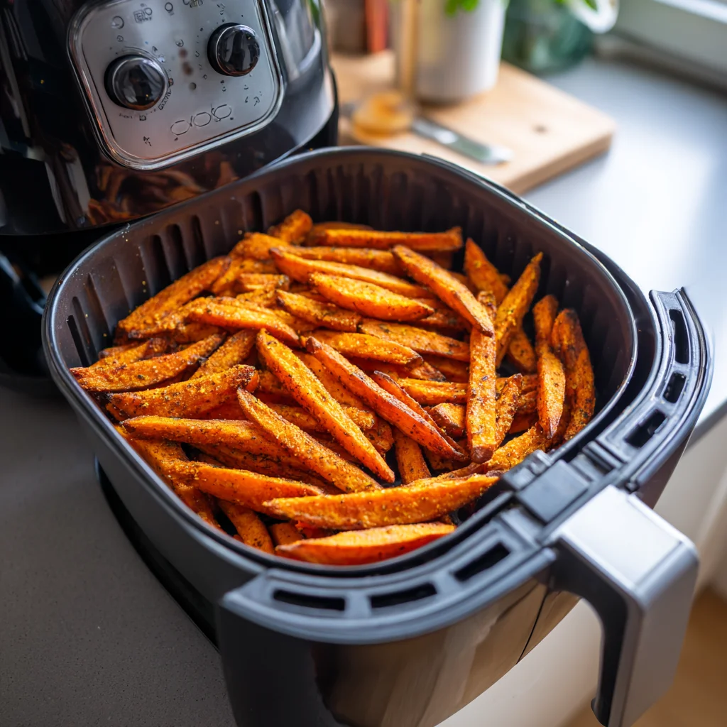 Air Fryer Sweet Potato Fries Crispy Outside, Soft Inside & So Easy 3 Sweet potato fries being coated with olive oil and spices before air frying.