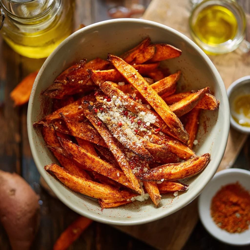 Air Fryer Sweet Potato Fries Crispy Outside, Soft Inside & So Easy 5 Sweet potato fries cooking inside an air fryer basket.