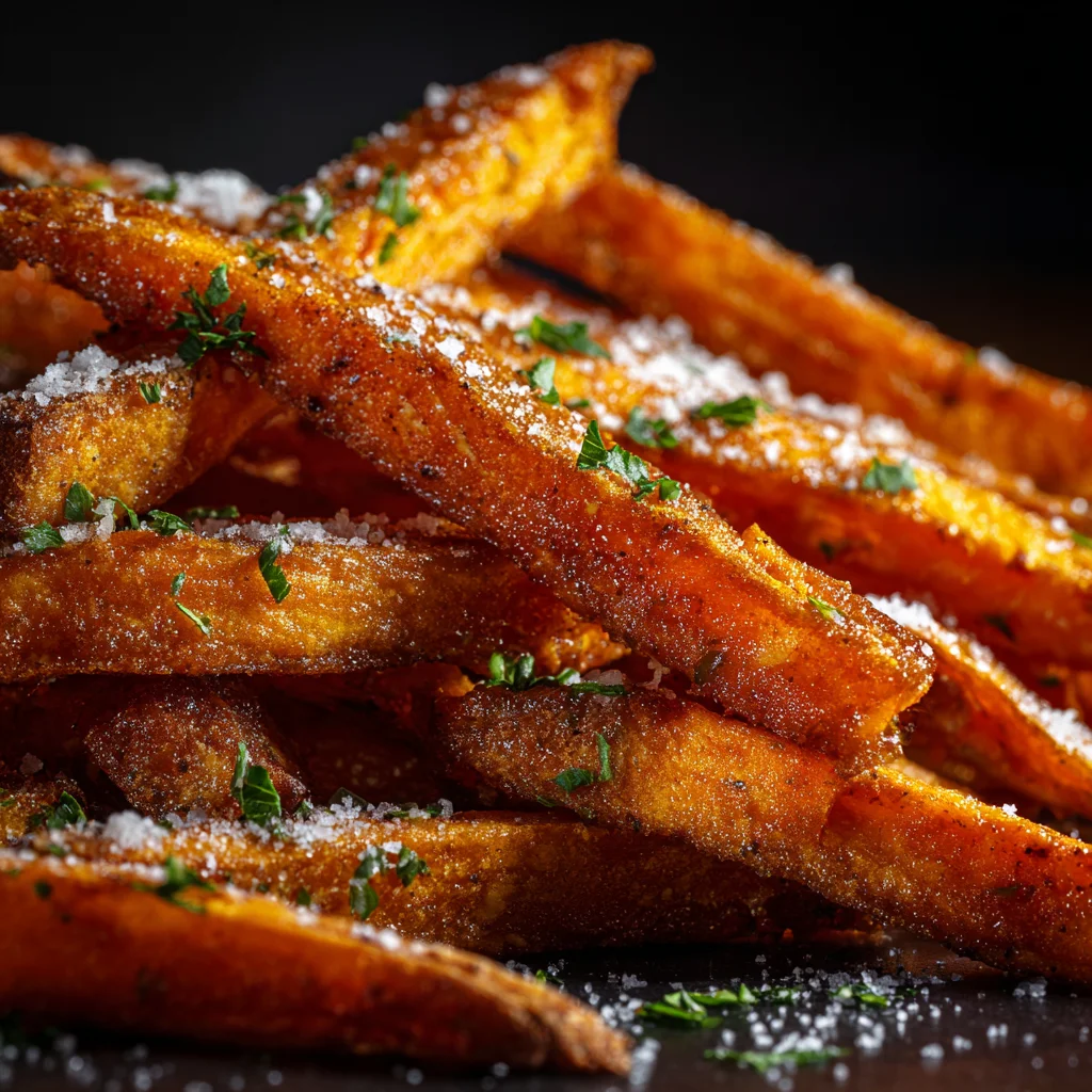 Air Fryer Sweet Potato Fries Crispy Outside, Soft Inside & So Easy 4 Sweet potato fries cooking inside an air fryer basket.