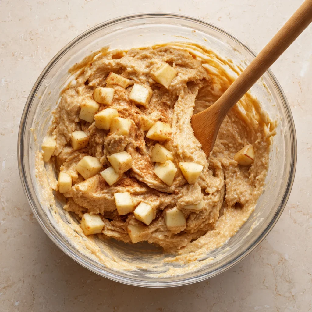 Apple cinnamon muffin batter with fresh apple pieces being mixed