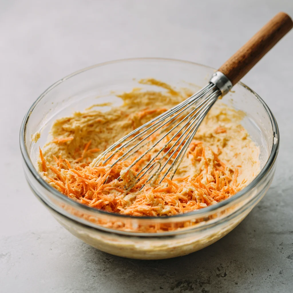 Homemade Carrot Cake Recipe with Warm Spices and Creamy Frosting 3 Carrot cake batter with grated carrots being mixed in a glass bowl.