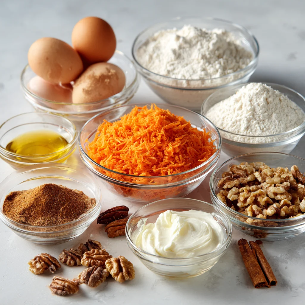 Homemade Carrot Cake Recipe with Warm Spices and Creamy Frosting 2 Carrot cake ingredients in glass bowls including flour, sugar, grated carrots, eggs, oil, and cream cheese.