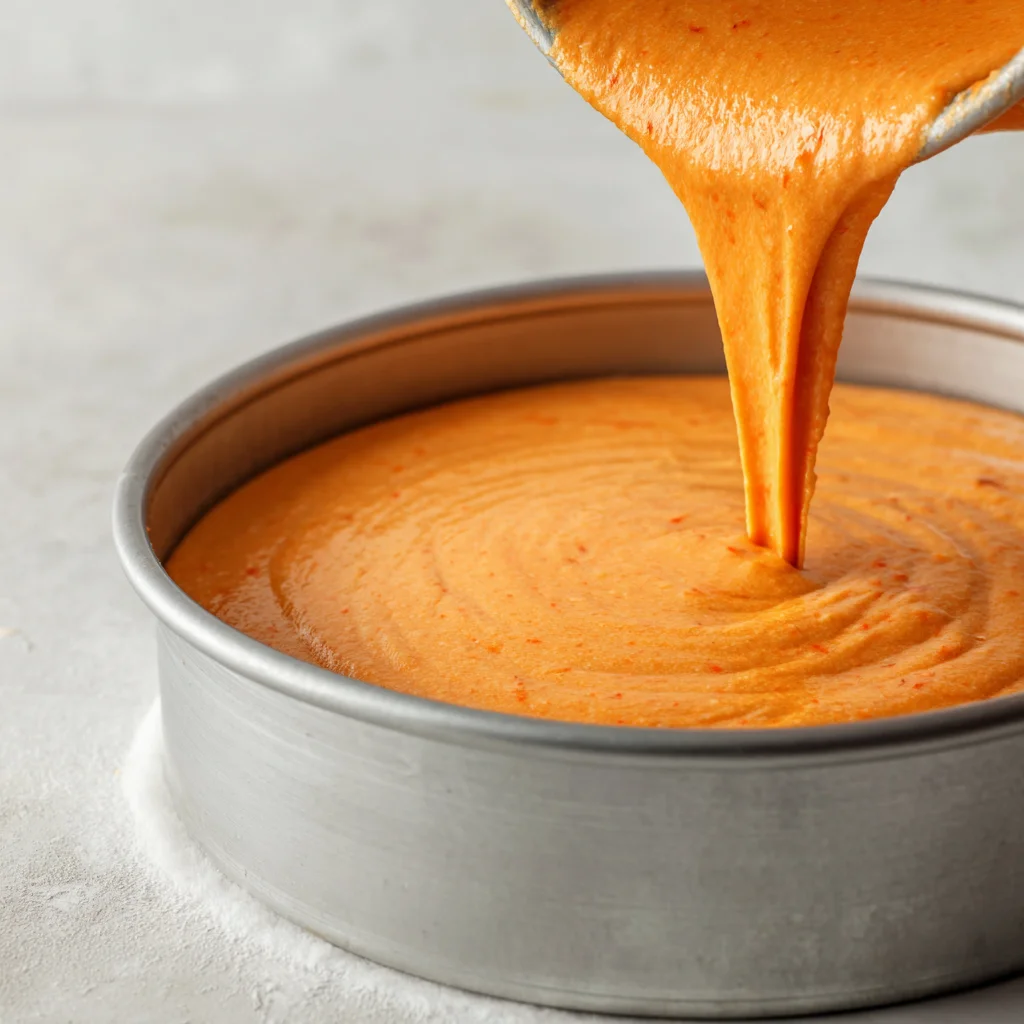 Homemade Carrot Cake Recipe with Warm Spices and Creamy Frosting 4 Carrot cake batter in a round cake pan ready for baking.