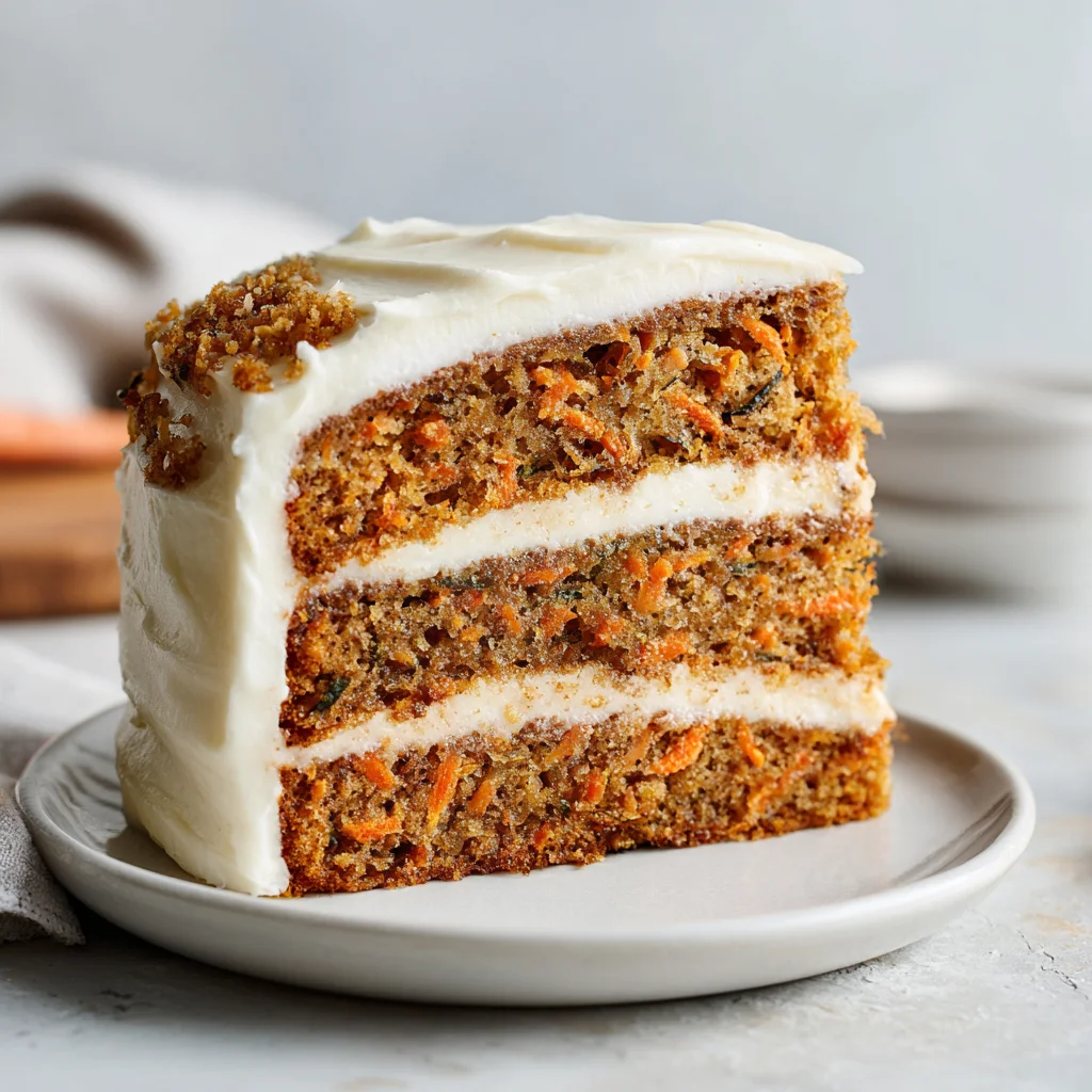 Homemade Carrot Cake Recipe with Warm Spices and Creamy Frosting 5 Single slice of carrot cake with cream cheese frosting served on a white plate.