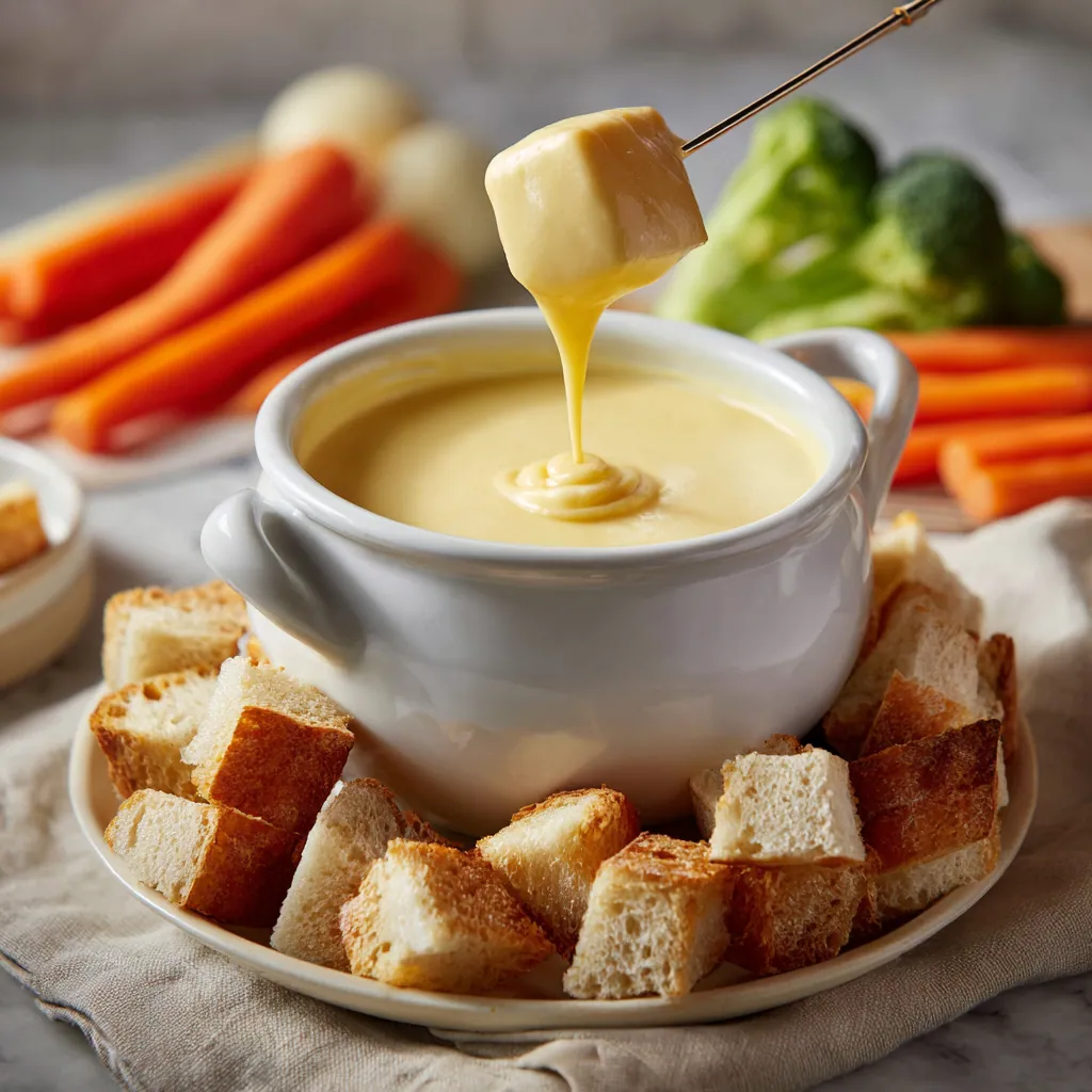 Cheese Fondue Recipe with Smooth Melted Cheese and Classic Flavor 5 Cheese Fondue Recipe served with bread and vegetables.