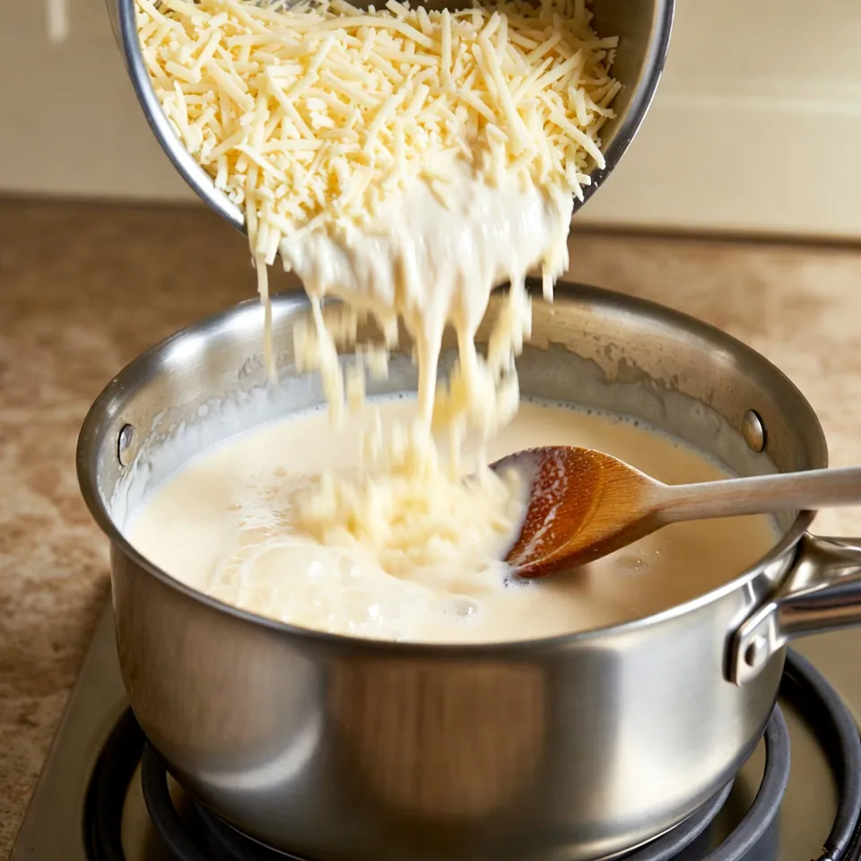Cheese Fondue Recipe with Smooth Melted Cheese and Classic Flavor 4 Melting shredded cheese into smooth fondue in saucepan.