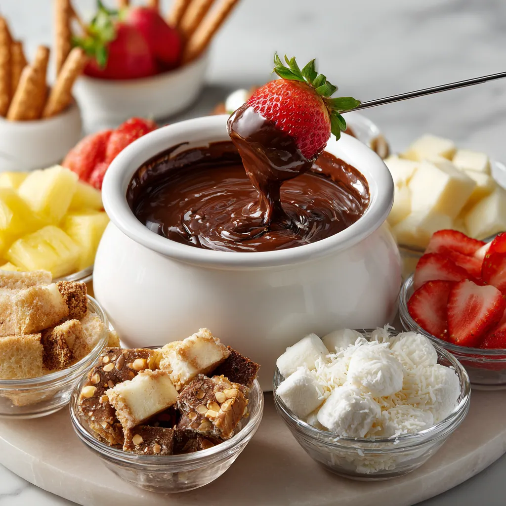 Chocolate Fondue Recipe with Silky Melted Chocolate and Perfect Dippers 5 Serving Chocolate Fondue Recipe with fruit, cake cubes, and sweet dipping options.