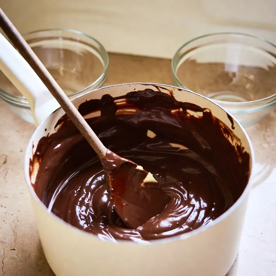 Chocolate Fondue Recipe with Silky Melted Chocolate and Perfect Dippers 4 Stirring melted chocolate mixture until smooth for Chocolate Fondue Recipe