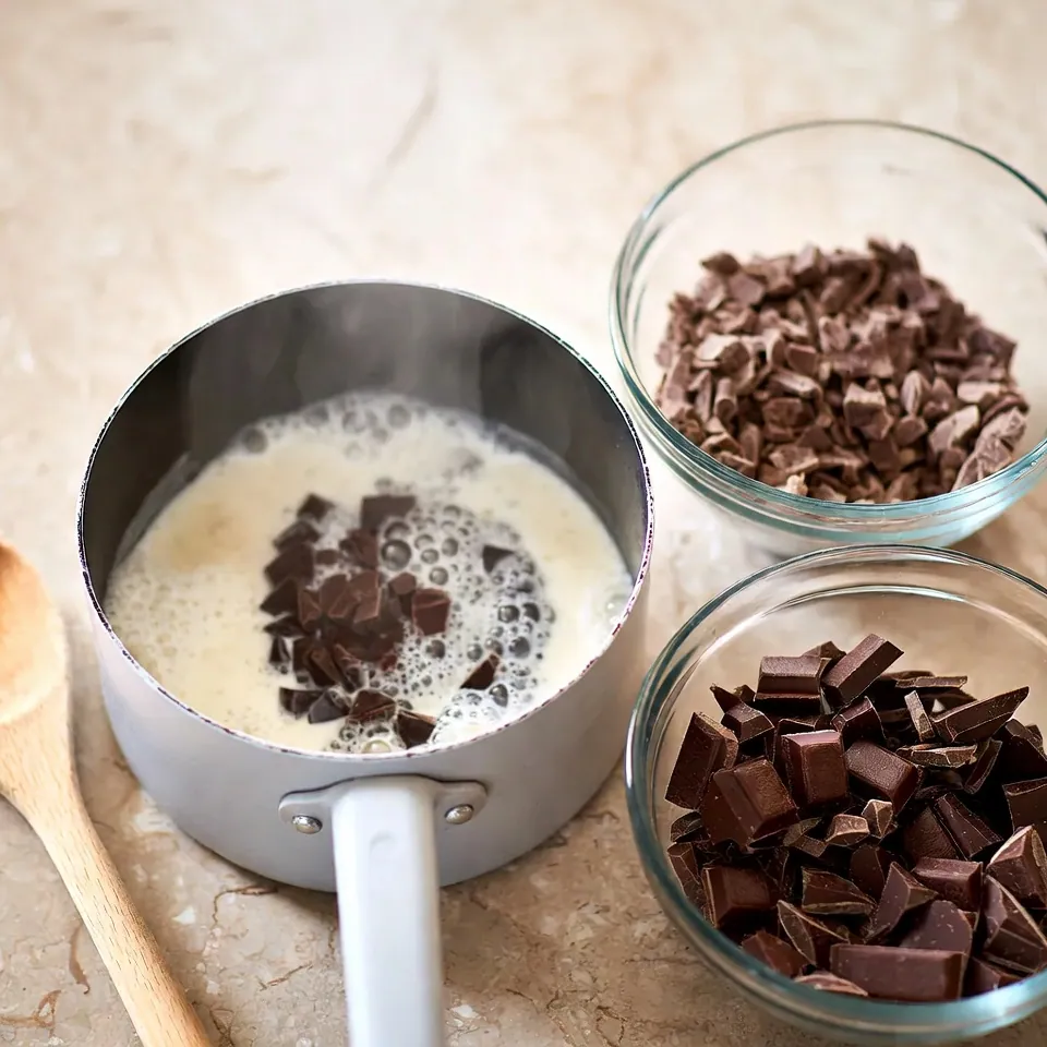 Chocolate Fondue Recipe with Silky Melted Chocolate and Perfect Dippers 3 Heating cream and adding chopped chocolate for Chocolate Fondue Recipe