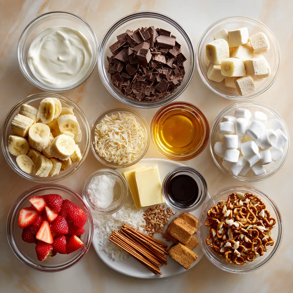 Chocolate Fondue Recipe with Silky Melted Chocolate and Perfect Dippers 2 Ingredients for Chocolate Fondue Recipe arranged in matching clear glass bowls on marble surface