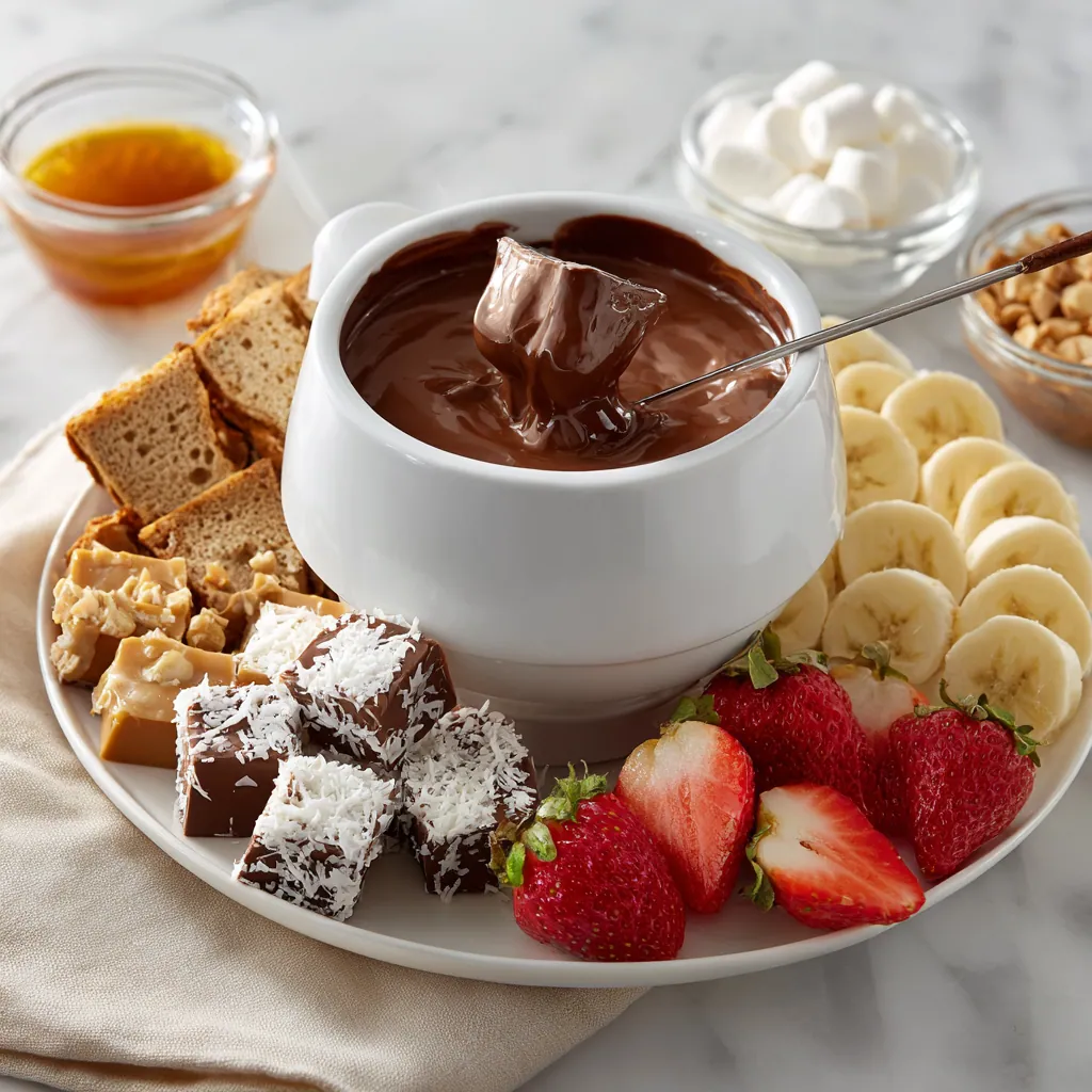 Chocolate Fondue Recipe with Silky Melted Chocolate and Perfect Dippers 7 Chocolate Fondue Recipe served warm with strawberries, cake cubes, and dipping treats on beige marble countertop