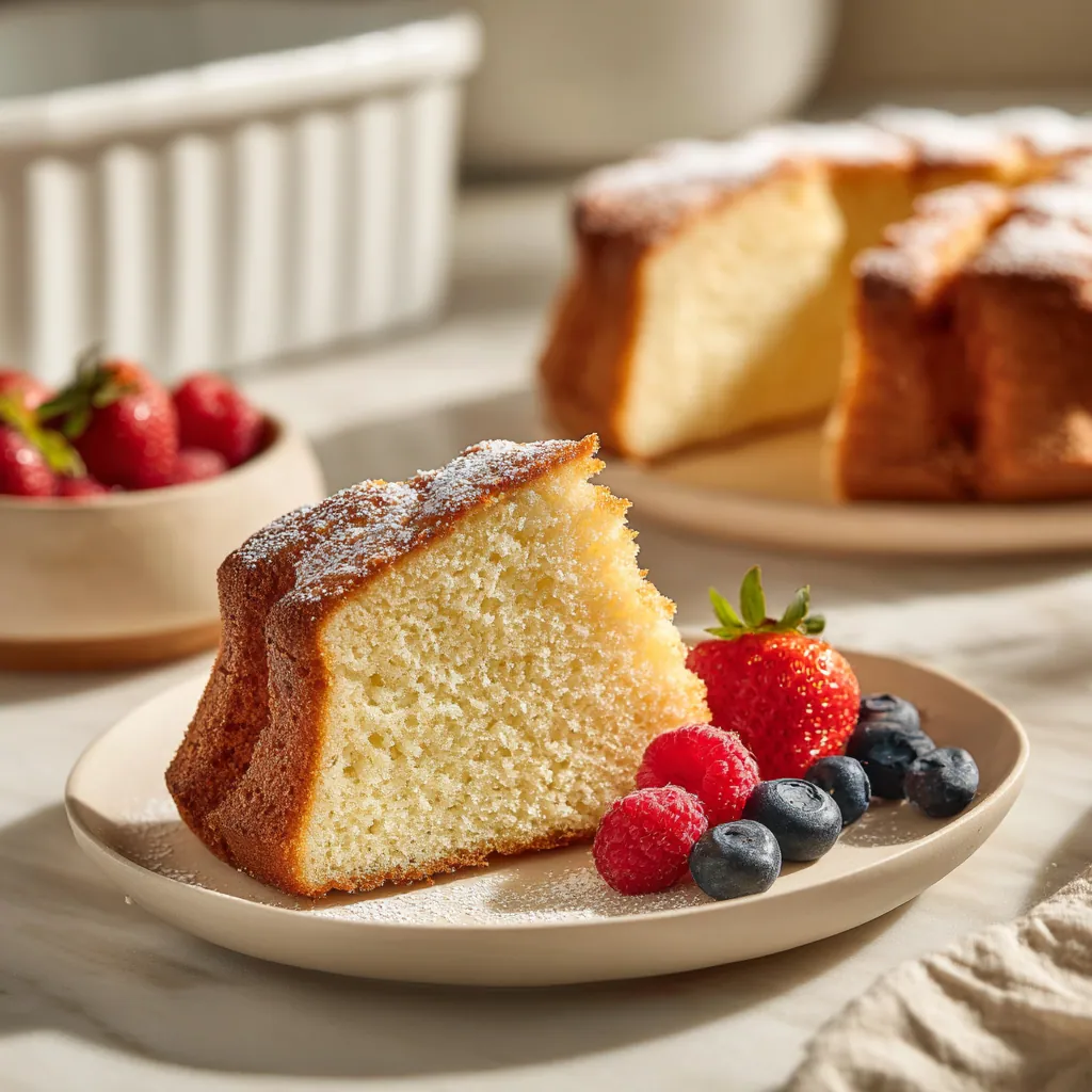 Slice of French Butter Cake Recipe served with fresh berries and powdered sugar.