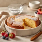 French Butter Cake Recipe baked golden and dusted with powdered sugar in white cake pan.