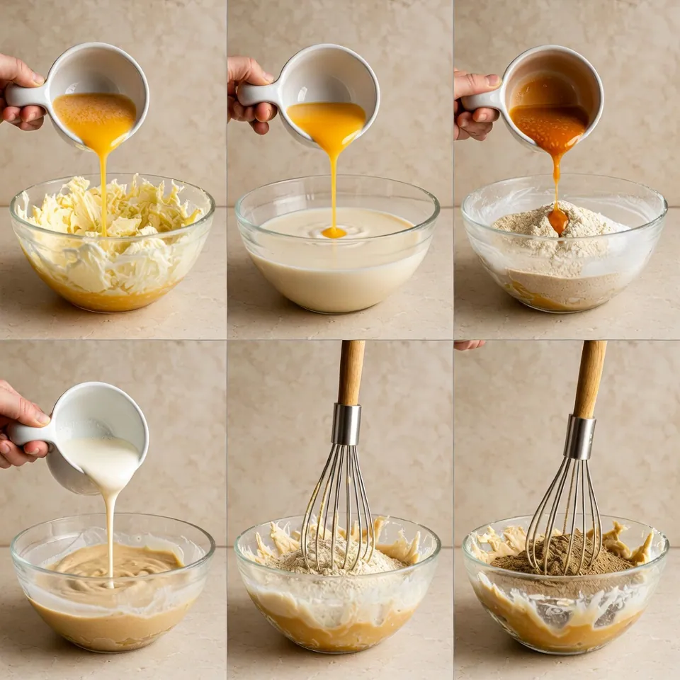 Mixing eggs and dry ingredients into batter for French Butter Cake Recipe.