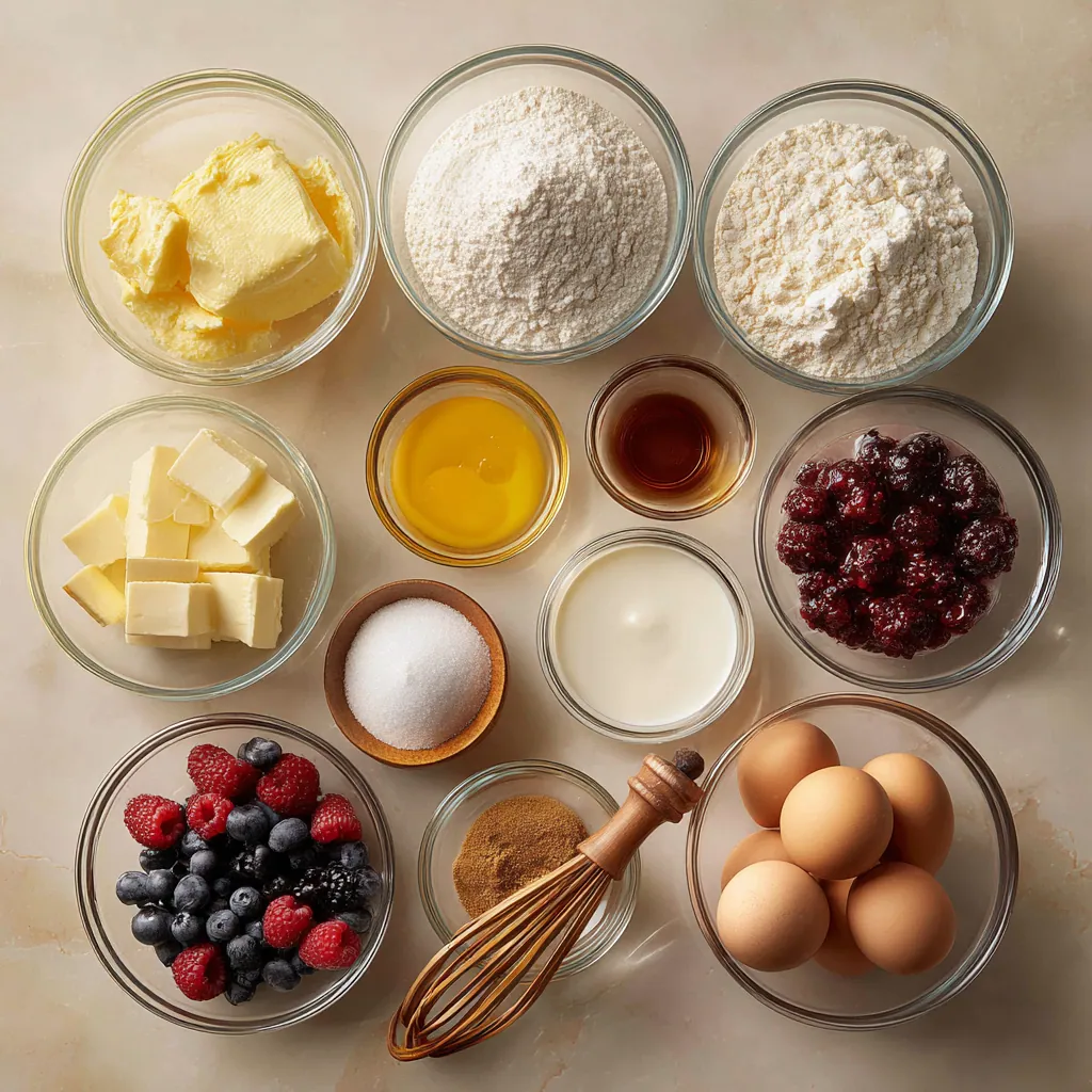 Ingredients for French Butter Cake Recipe measured in matching glass bowls