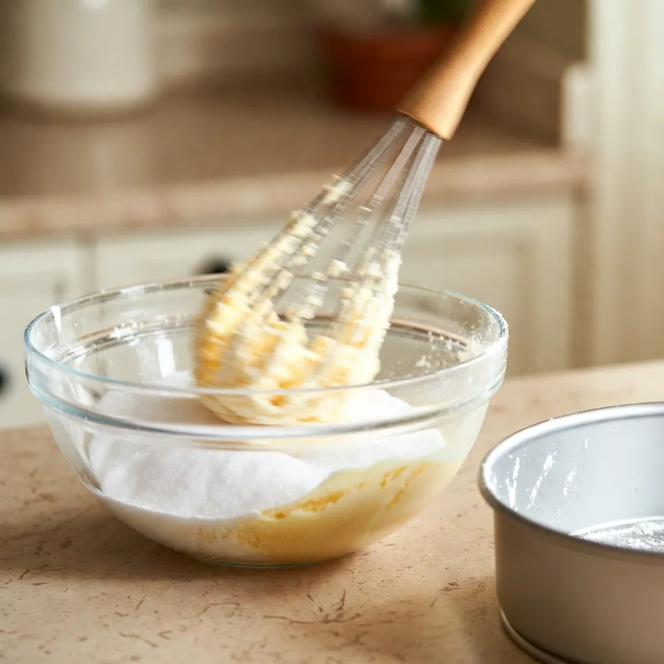 Greasing cake pan and creaming butter with sugar for French Butter Cake Recipe.