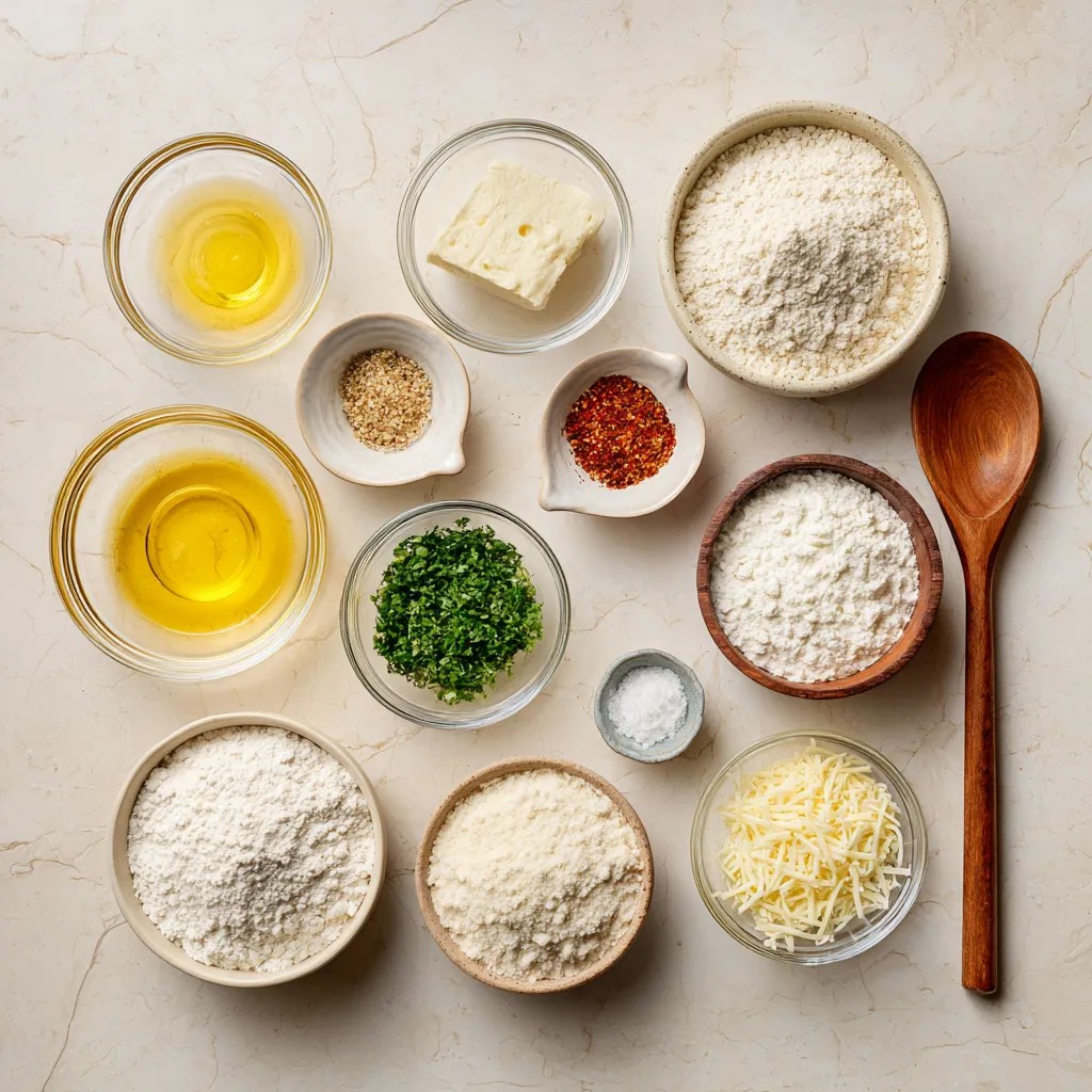 Ingredients for Garlic Knots Recipe arranged in glass bowls on marble.