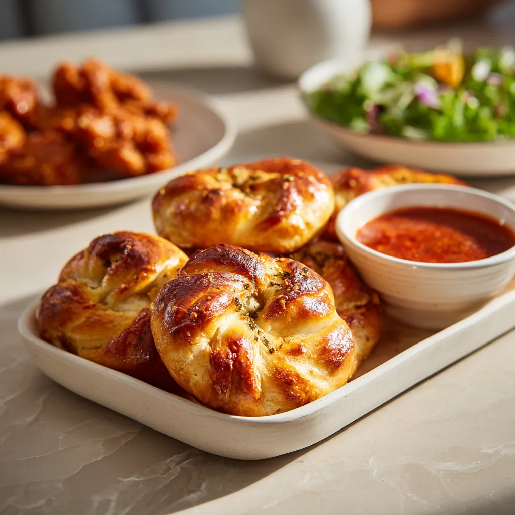 Garlic Knots served with marinara, soup, salad, and Korean fried chicken.