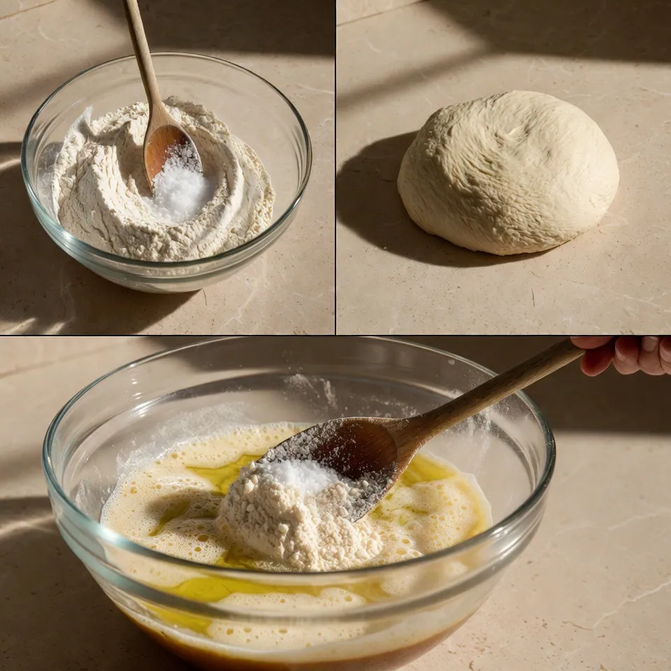 Activating yeast and kneading dough for Garlic Knots Recipe.