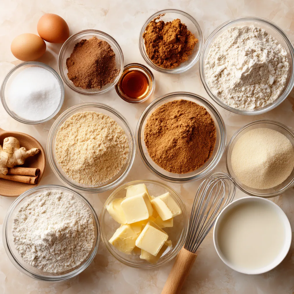 Ingredients for Gingerbread Muffins Recipe arranged in clear glass bowls.