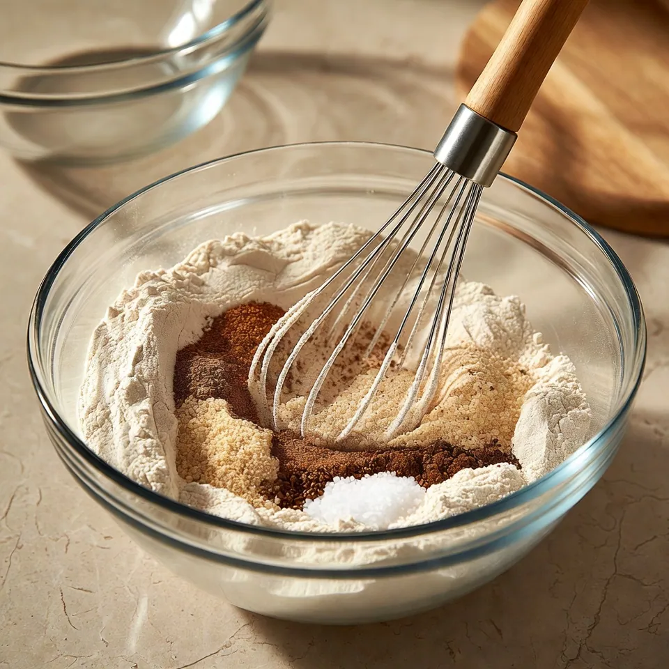 Whisking dry ingredients for Gingerbread Muffins Recipe.