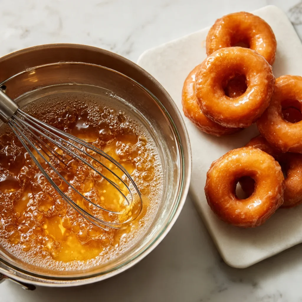 Frying and glazing donuts for Soft Glazed Donut Recipe.
