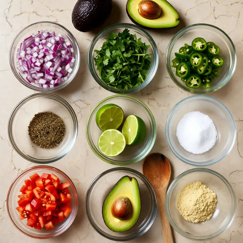 Ingredients for Guacamole Recipe arranged in clear glass bowls on marble.