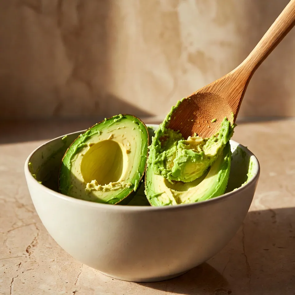 Mashing ripe avocados for Guacamole Recipe in white ceramic bowl