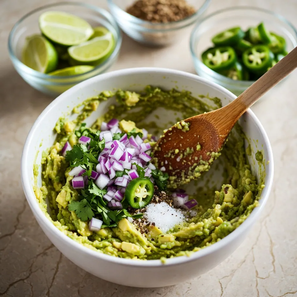 Mixing lime juice, onion, and cilantro into Guacamole Recipe
