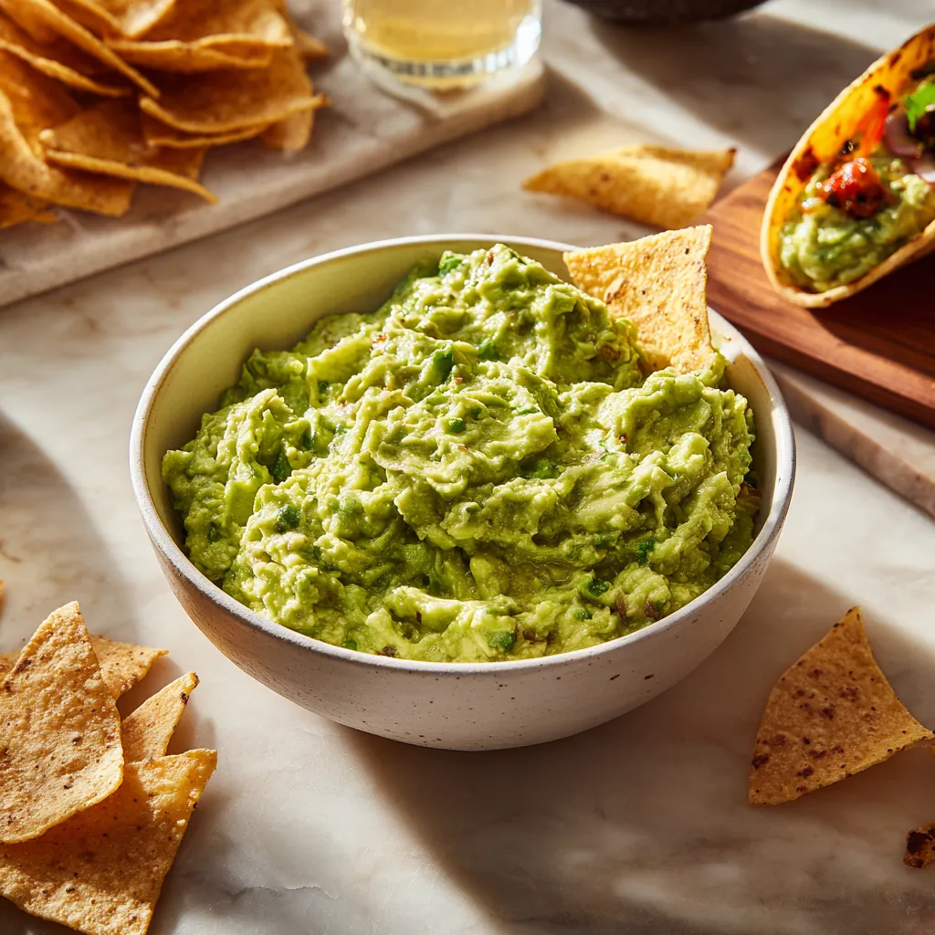 Guacamole Recipe served with tortilla chips, toast, and tacos.