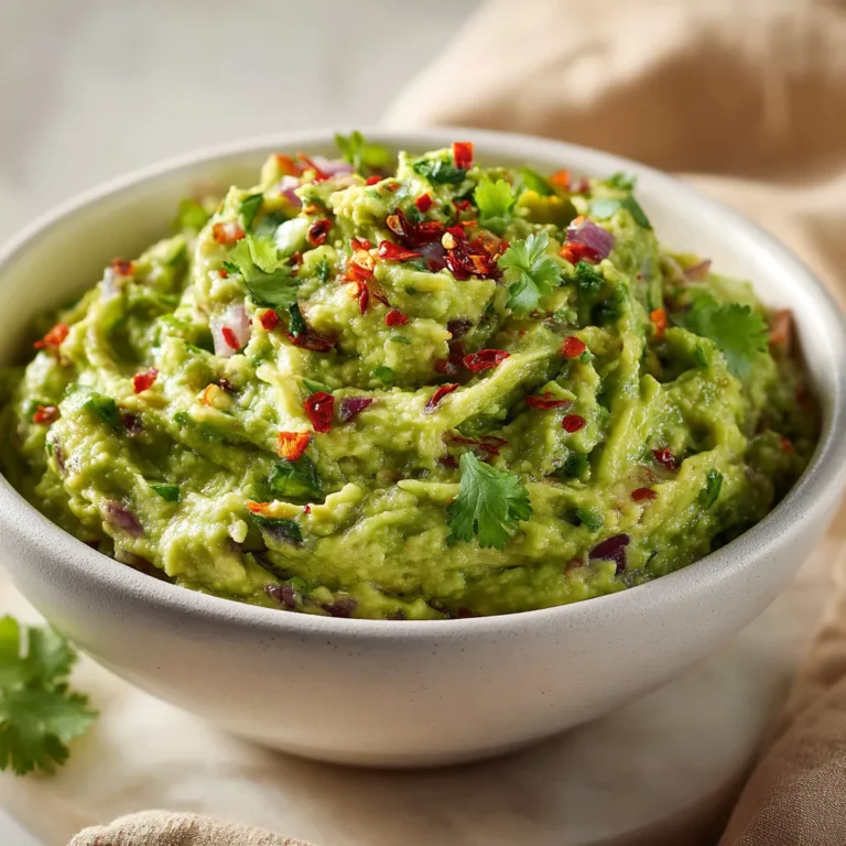 Fresh homemade Guacamole Recipe in white bowl with visible cilantro and onion