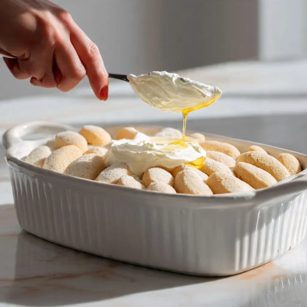 Ladyfingers layered with mascarpone cream for limoncello tiramisu