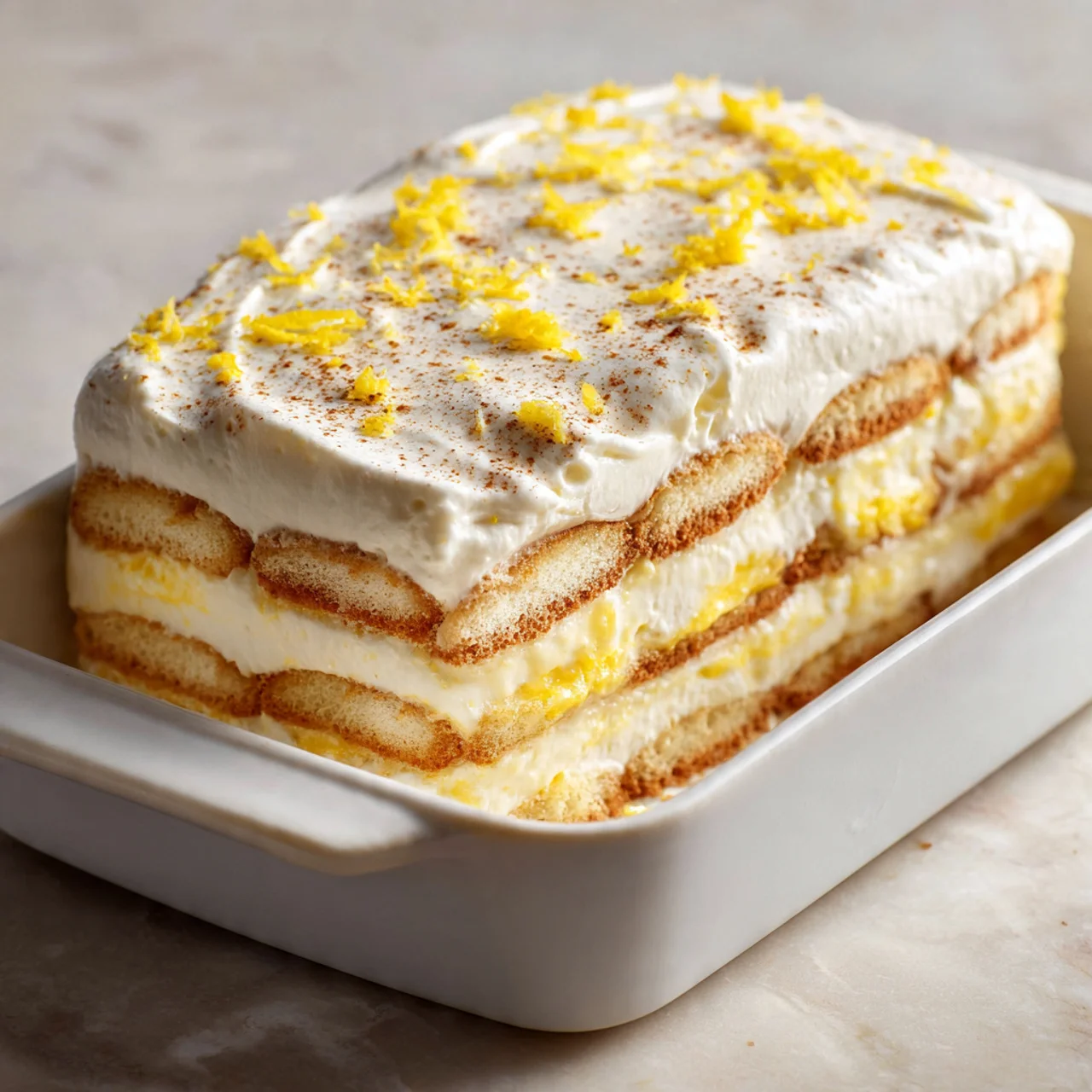 Limoncello tiramisu topped with lemon zest ready to chill